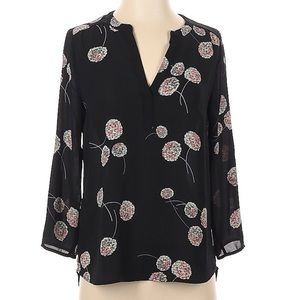 Black floral print work blouse, L, 3/4 sleeve, v-neck